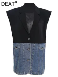 DEAT Fashion Women Vest Notched Sleeveless Denim Spliced Free Cutting Single Breasted Pockets Loose Tops Summer 2024 New 7AB876