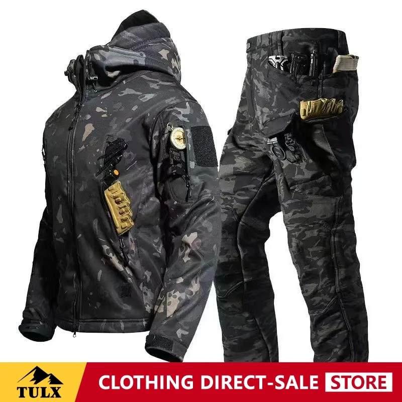 Camo Soft Shell Fleece Warm Sets Winter Tactical Multi-pocket Waterproof Jacket+Cargo Pant 2-piece Outdoor Cycling Training Kit