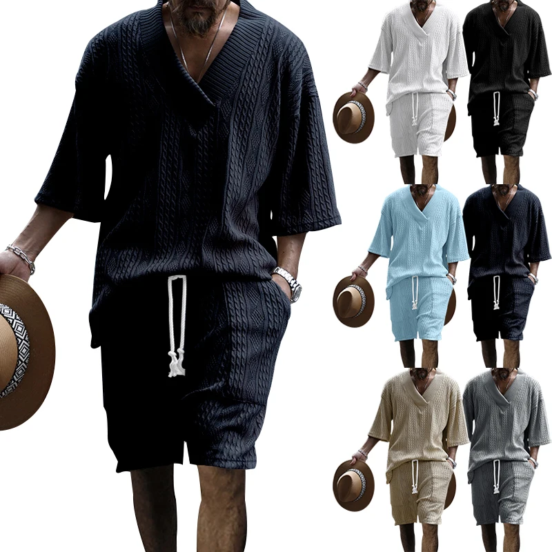 2024 Summer New Men's High Street Casual Loose Jacquard Sportswear V-Neck Short Sleeve Shorts Męski garnitur modowy