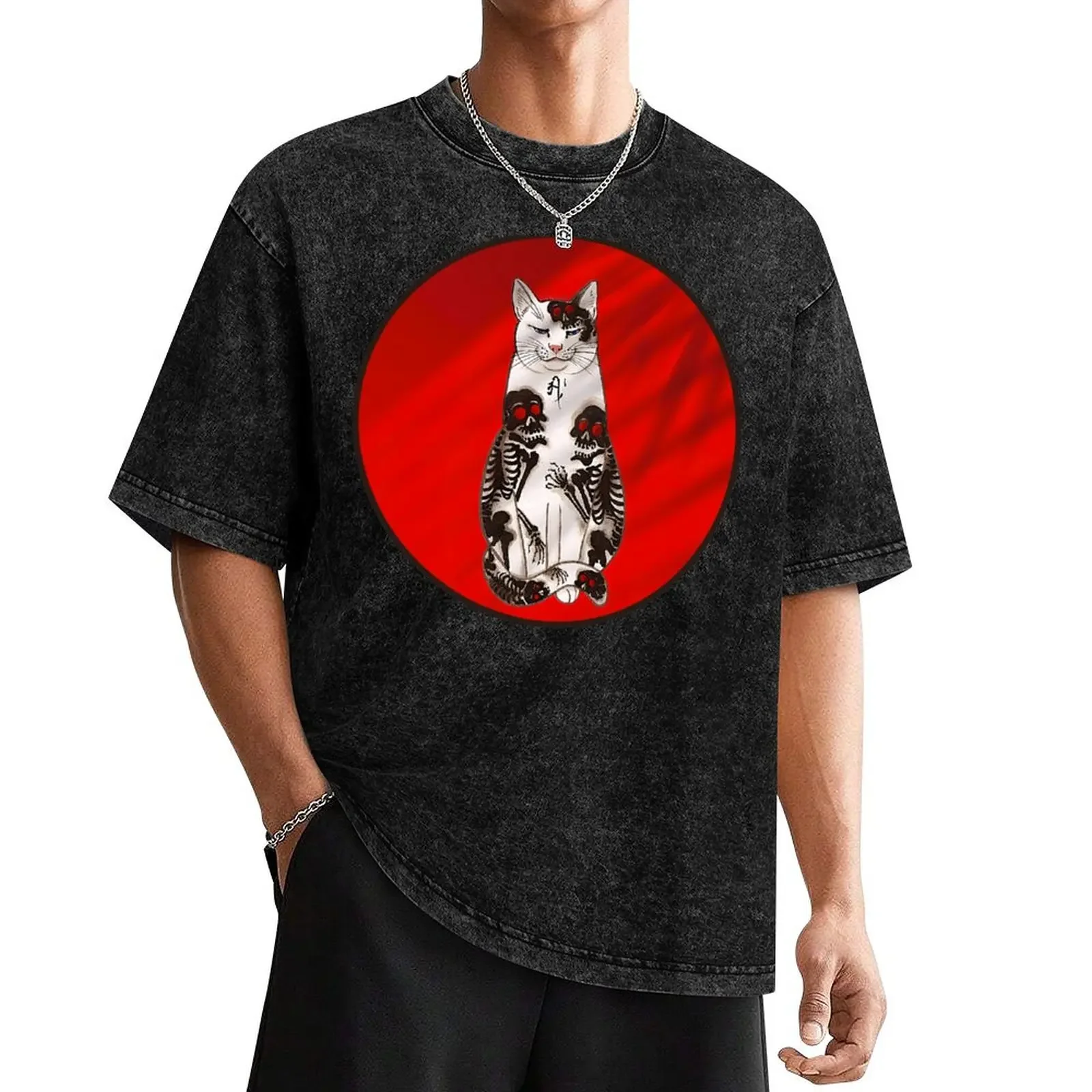 Tattooed Cat Tattoo Print - digitally enhanced remix on red background with palm leaf shadow T-Shirt