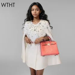WTHT Trendy Fashion Women's Diamonds Rivet Woolen Coat 2024 Summer New Items O-neck Buttons Cloak Design Jackets Female 1LS561
