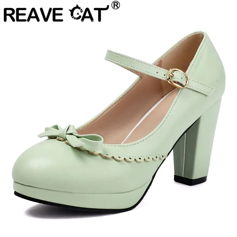 

REAVE CAT Sweet Girls Туфли-лодочки с круглым носком на блочном каблуке 8,5 см на платформе 1,5 см с пряжкой и ремешком и бантом Большие размеры 47 48 Женская обувь для свиданий