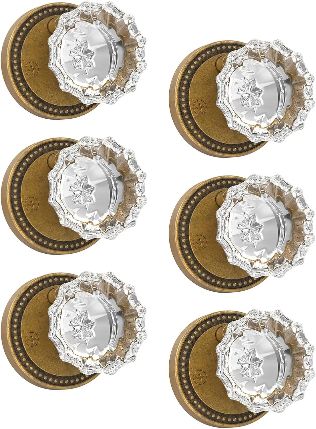 

6-Pack Antique Brass Crystal Privacy Door Knobs with Lock, Vintage Style for Bedroom Bathroom Interior Doors