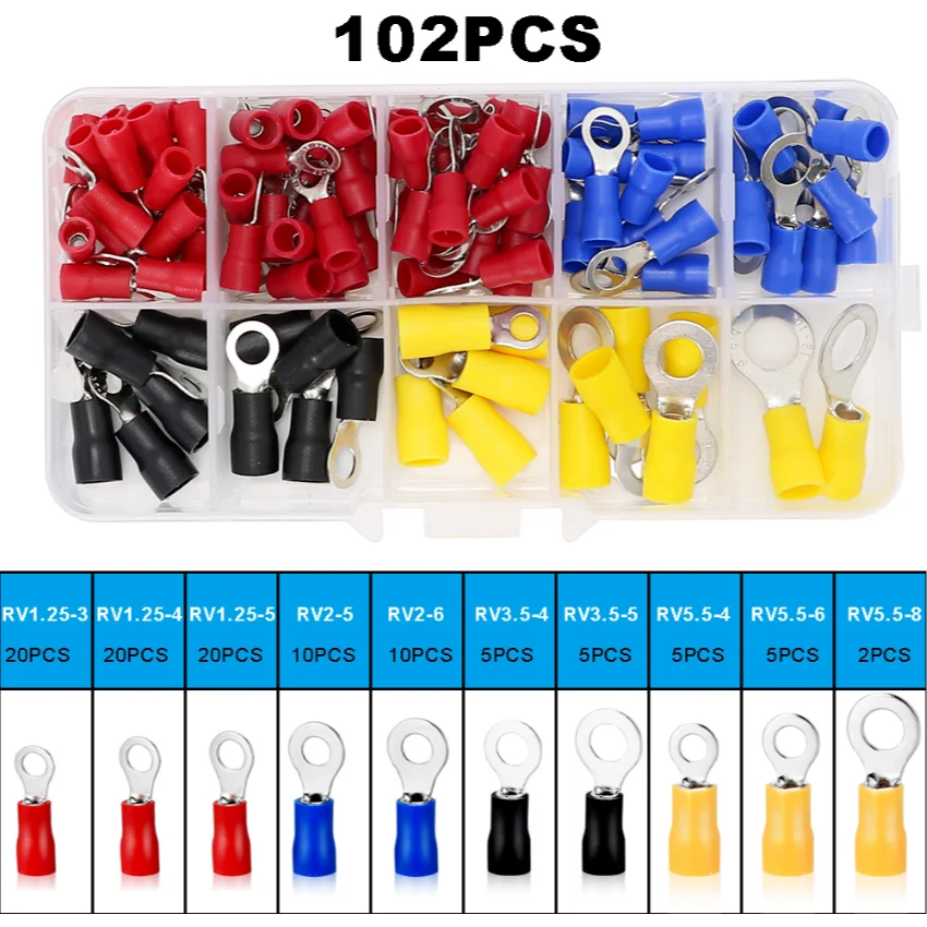 102PCS Insulated Cable Electrical Connector Wire Crimp Spade Butt Ring Fork Set Ring Lugs Rolled Terminals Assorted Kit