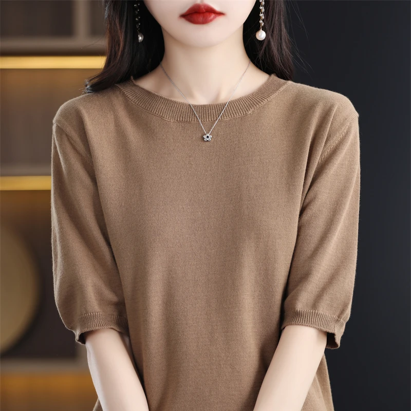 Summer 100% Cotton Knitted Short-Sleeved T-shirt Women\'s Round Neck Loose Semi-Sleeve T-shirt Top