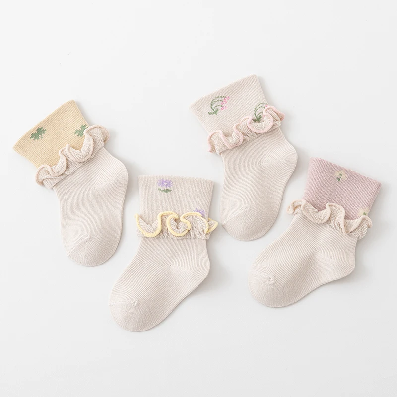 3 Pairs/lot 0-3Y Newborn Baby Socks Spring Autumn Pure Cotton Cute Double Layered Ear Edge Flower Contrast Color Kids Socks