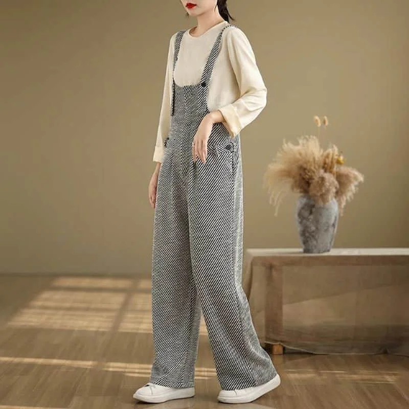 Striped Jumpsuits for Women Korean Style Straight Pants Loose Vintage Playsuits Casual Workwear Trousers Autumn Women Clothes