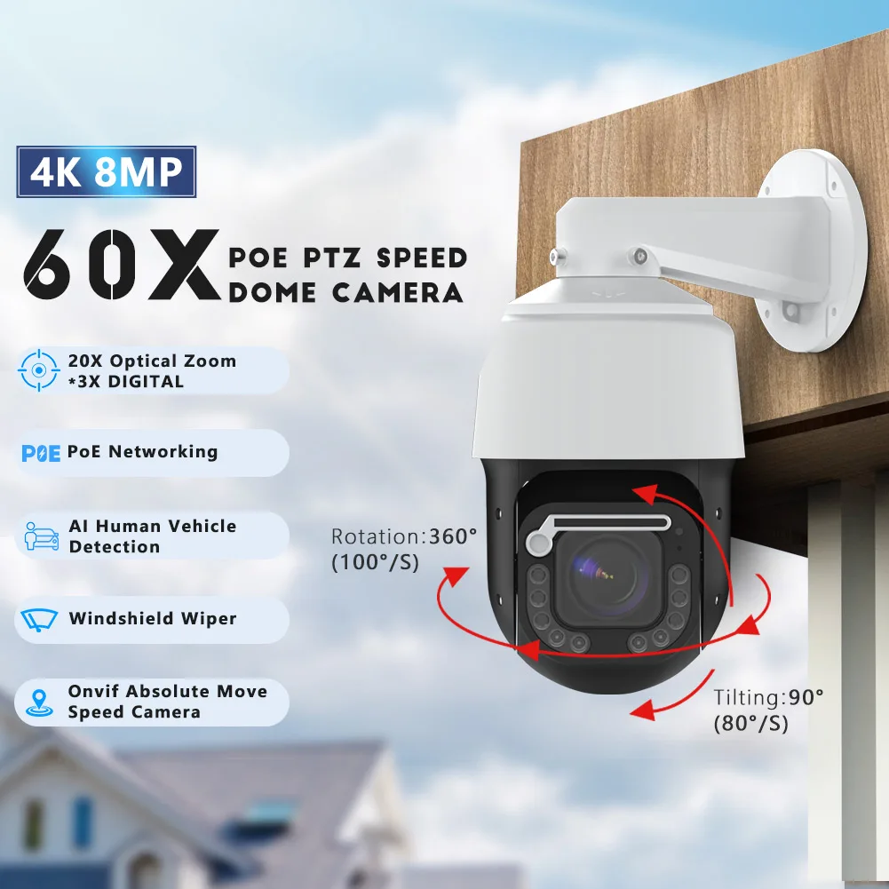 8MP 60X Zoom Real High Speed Dome PTZ POE IP Camera AI Dual Light Audio Security CCTV 4k Camera Outdoor With Auto Wiper