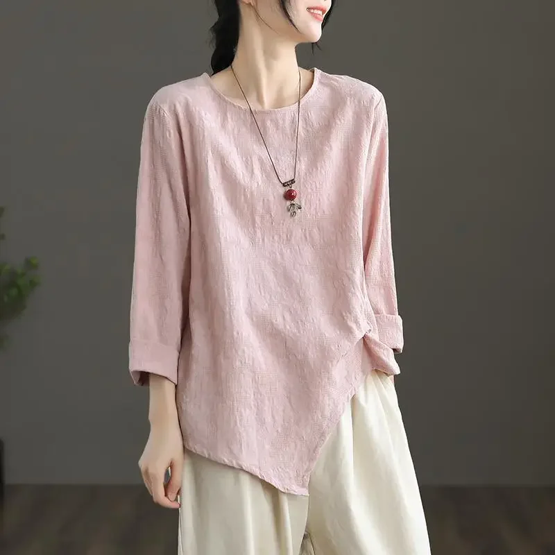 Koszulka damska na jesień, wyszczuplająca, asymetryczna bluzka, retro, bawełna i len, plisowana, z długim rękawem.