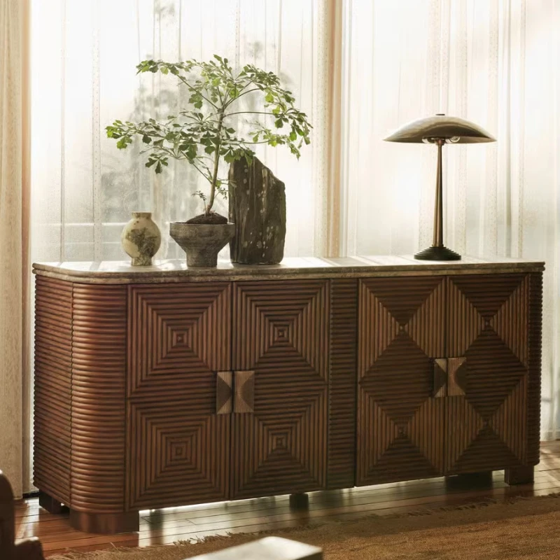 

Italian retro high-end, living room solid wood marble top locker, luxury handmade double door cabinet