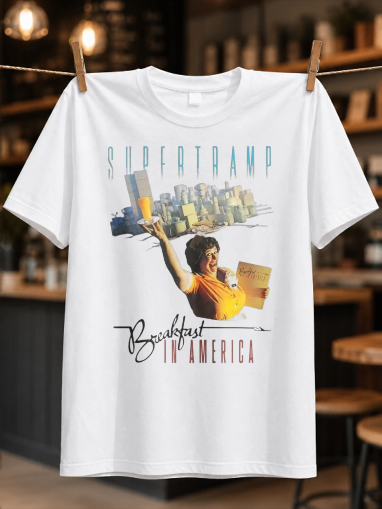 Supertramp Breakfast In America diner skyline waitress collage with signature script retro album  Unisex All T-Shirt