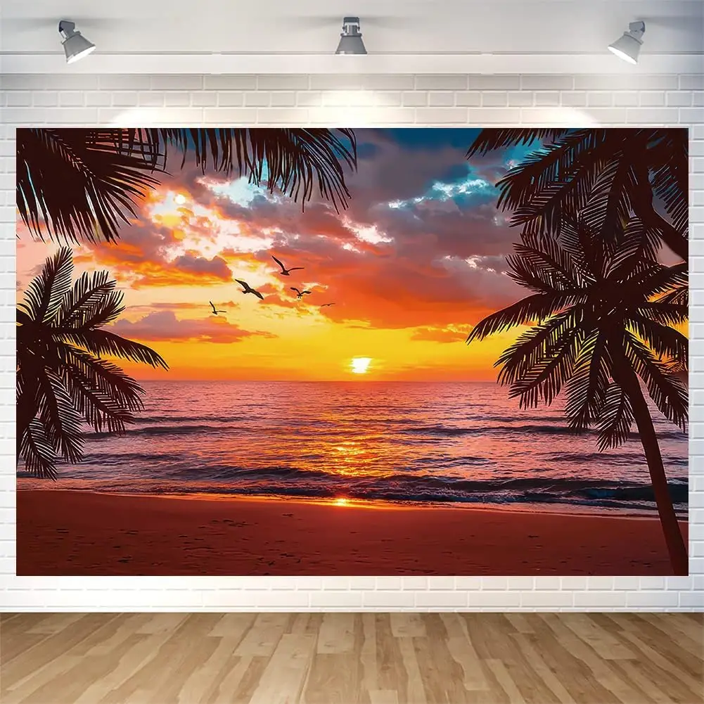 Beach Sunset Glow Backdrop Seaside Coconut Palm Trees Wall Banner Hawaii Beach Photography Background for Birthday Party Baby