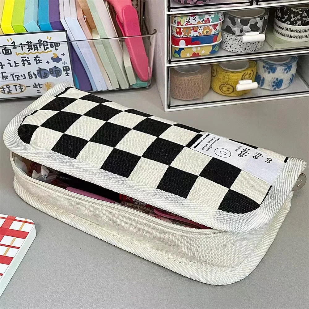 Bolsa de caneta xadrez de grande capacidade, grande estojo de lápis kawaii, papelaria coreano, bolsa de lápis fofa, material escolar para estudantes