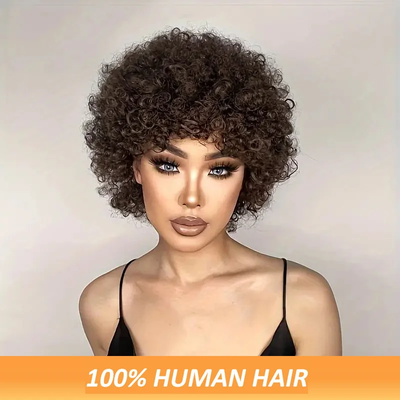 

Pixie Short Afro Curly Bob Human Hair Wigs With Bangs For Women Brazilian Remy Hair Wear and Go Natural Brown Kinky Curly Wigs