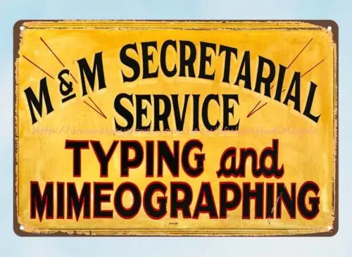 nostalgic metal sign M & M Secretarial Service, circa 1940 metal tin sign