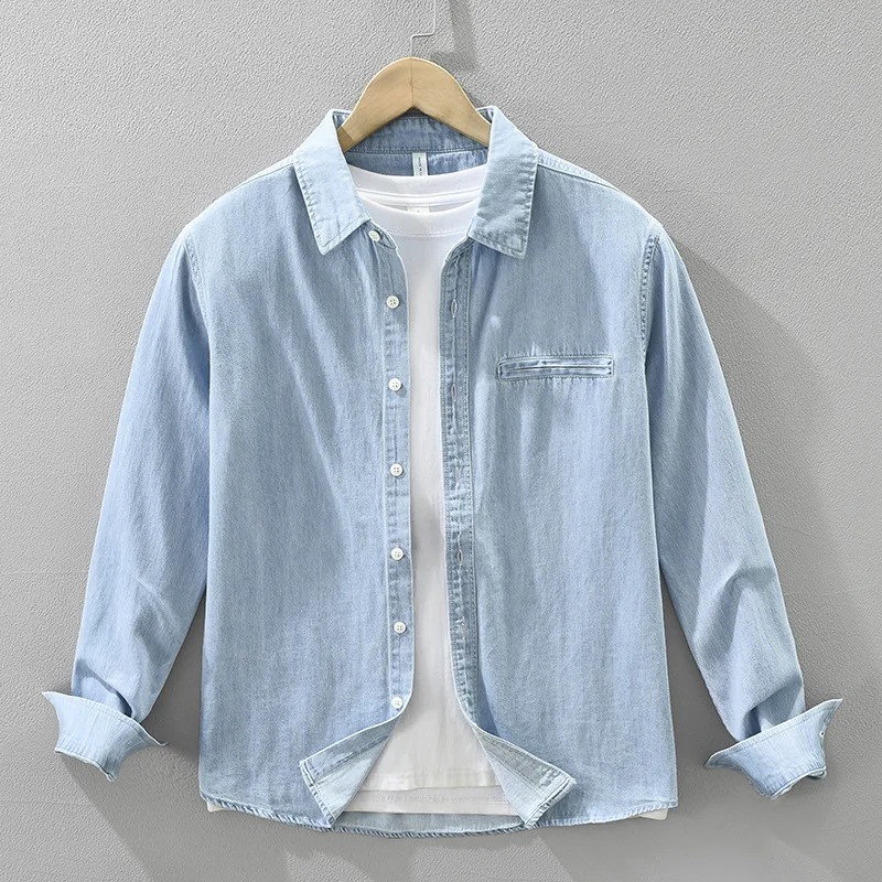 Camisas vaqueras Retro japonesas para hombre, nueva camisa vaquera para primavera y otoño, Top vaquero de algodón puro, camisa con cuello cuadrado, ropa de moda juvenil