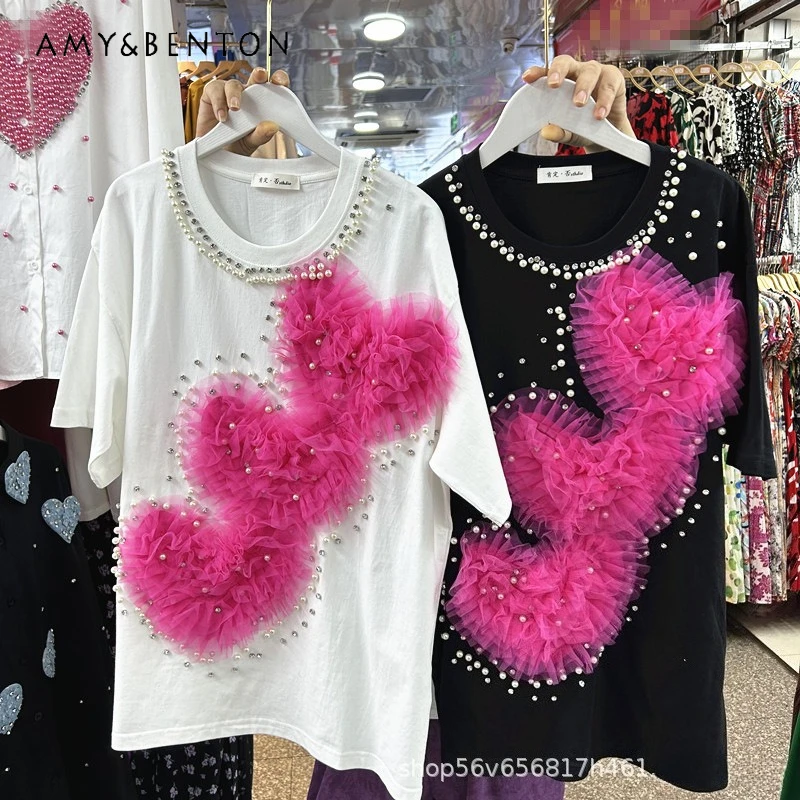 

Short-sleeved T-shirt Women's Summer Heavy Industry Beads 3D Flower Design Sense Fashion Loose Oversized Fashionable Top Tshirts