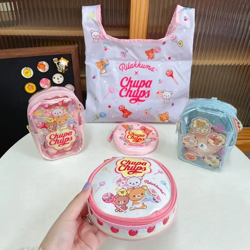 Rilakkuma Chupa Chups - Mini mochila de dibujos animados, llavero, bolso transparente de PVC, bonito monedero con forma de oso, bolsa pequeña de almacenamiento para mujeres, niñas y niños