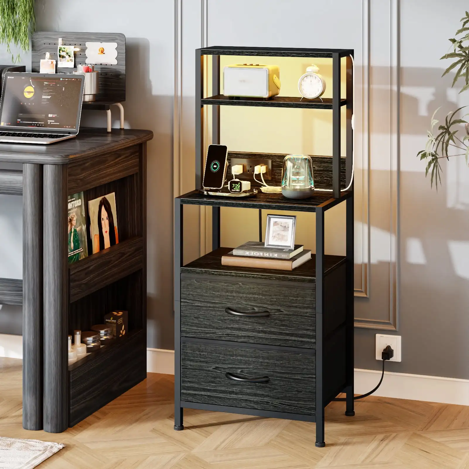 Tall LED Nightstand,Bedside Table with Charging Station,2 Fabric Drawers & Shelfs for Bedroom Living Room,Black Oak