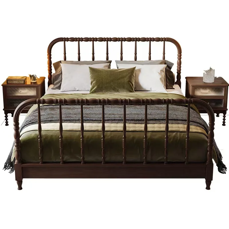 //Modern Minimalist Bedroom Solid Wood Carved Bed Black French Vintage Beaded Children's Bed With Roman Columns Double Bed