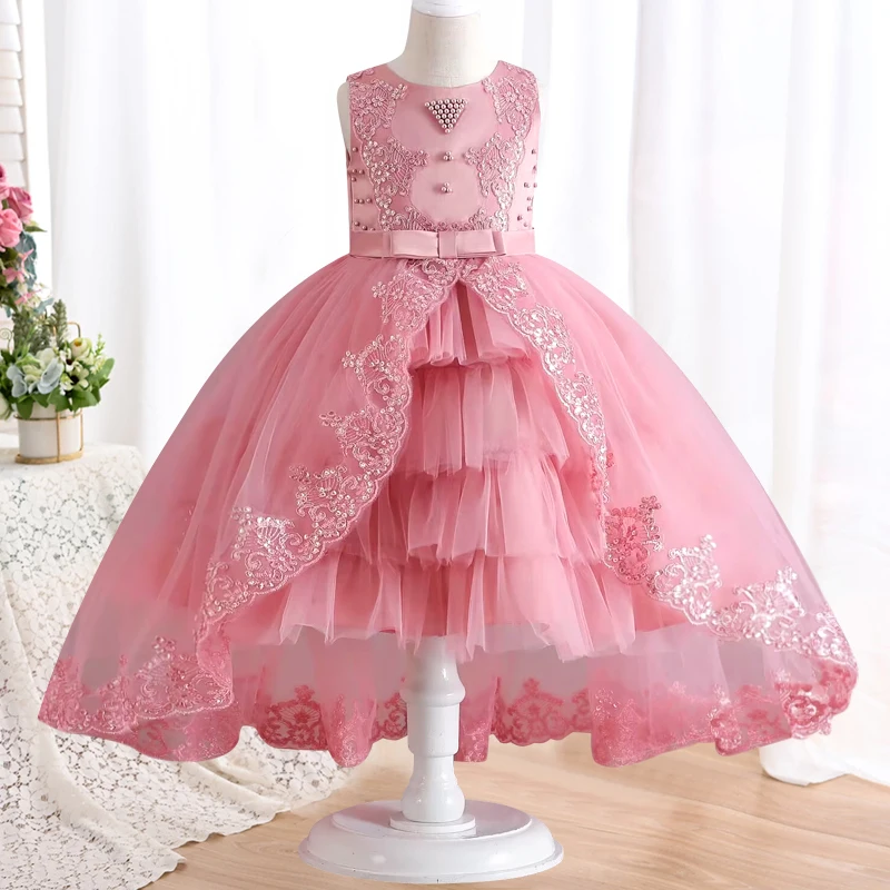 2024Girl's Bow Tie Trail Princess 4-12 Years Old Embroidered Pearl Fluffy Dress Christmas Day Banquet Host Wedding Evening Dress