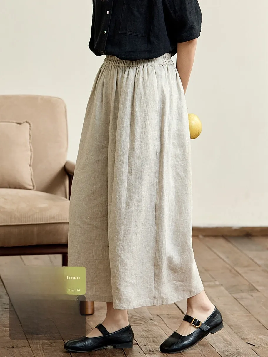 

Loose Wide Leg Pants Women's Casual Linen Elastic Waist Summer High Waist Straight Tube Trousers Original Oatmeal Color