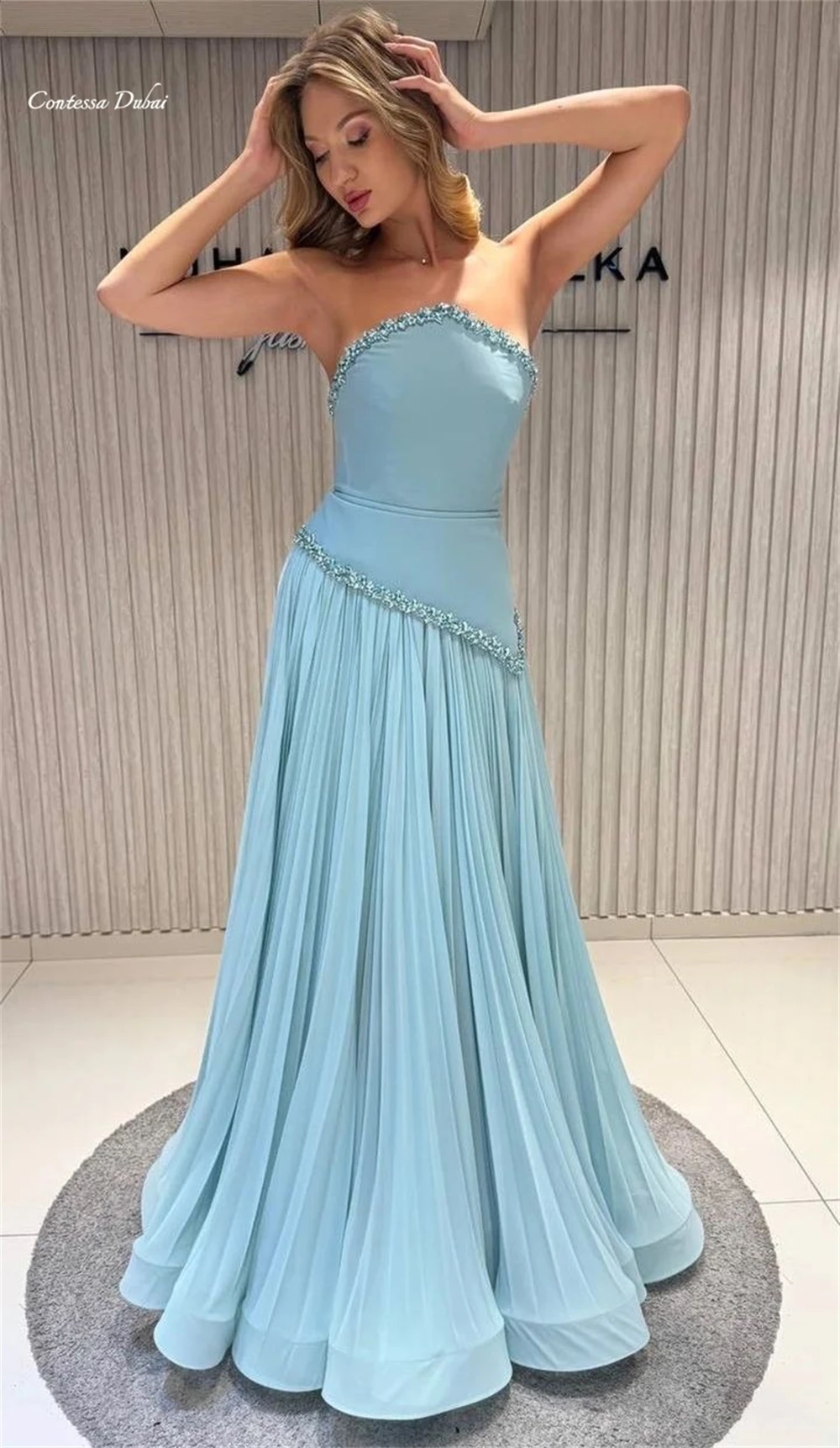 

Contessa Customized Strapless Evening Dress Beaded Waist Prom Dress Pleated Chiffon Maxi Skirt Aline Elegant Party Formal Gown