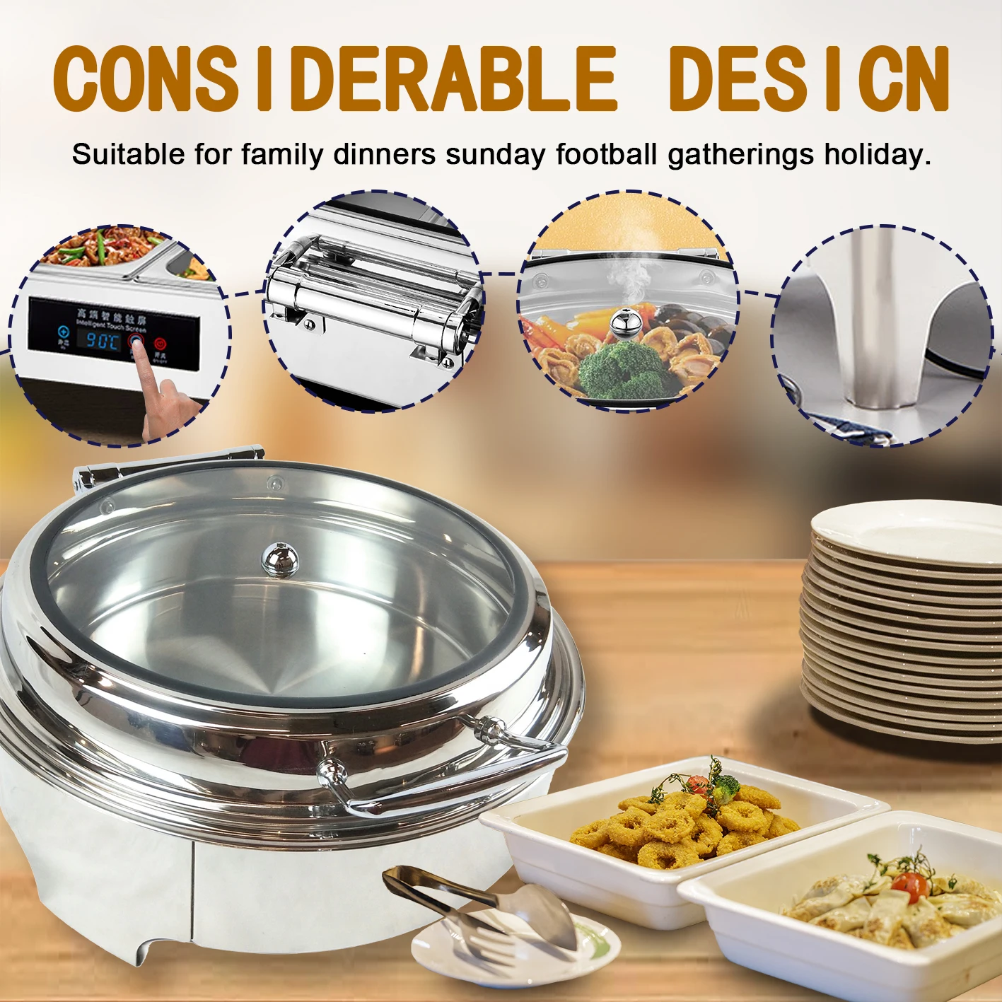 Luxury Food Warmer Stainless Steel Chafing Dish Buffet Set Glass Lid Electric Serving Dish Storing Serving