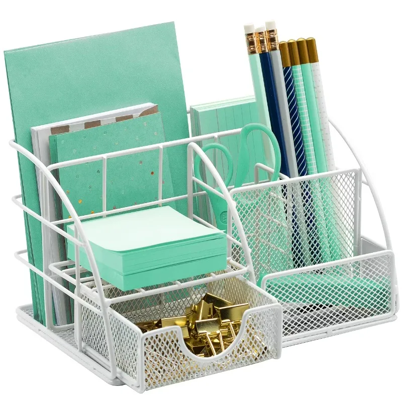 Desk Organizer - Bottom Mounted Stylish Mesh Caddy for Office Supplies, White