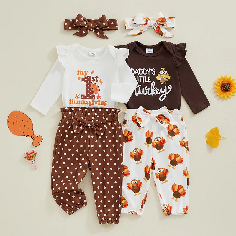 2024-07-13 Lioraitiin Baby Girls 3Pcs Thanksgiving Outfits Long Sleeve Romper + Dots/Turkey Print Pants + Headband Fall Set