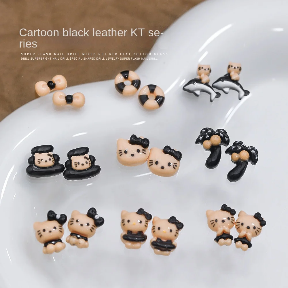 20pcs New Nail Charms Accessories Spice Girl Black KT Cat Three-dimensional Classic Resin Cat Bow Cartoon Nail Art Accessories