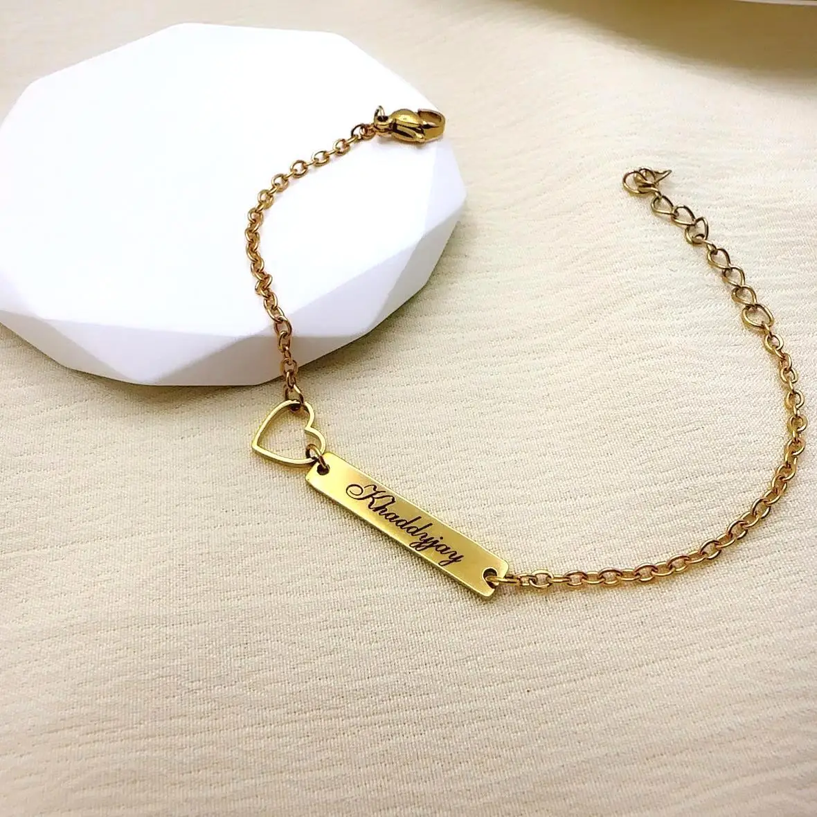 

Custom Engraved Horizontal Bracelet w/ Hollow-out Heart - Stainless Steel Minimalist Jewelry
