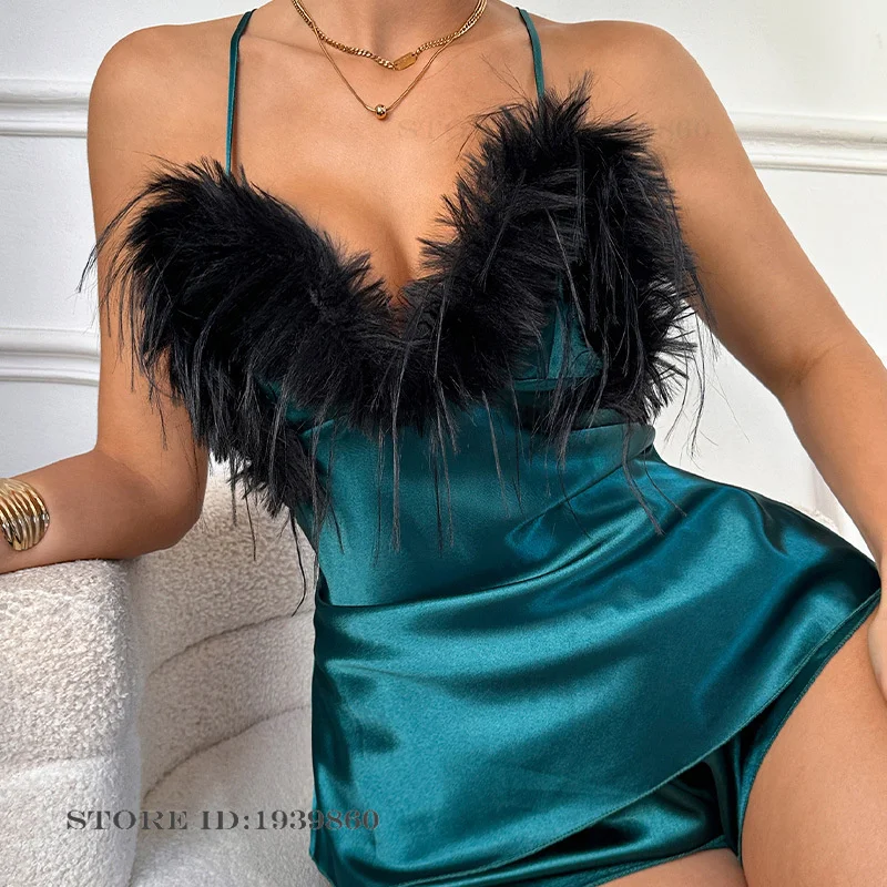 Sexy Lingerie Suspender Pajamas Set Summer New Silk Satin Sleepwear Pijamas Suit Patchwork Feather Strap Top&shorts Homewear