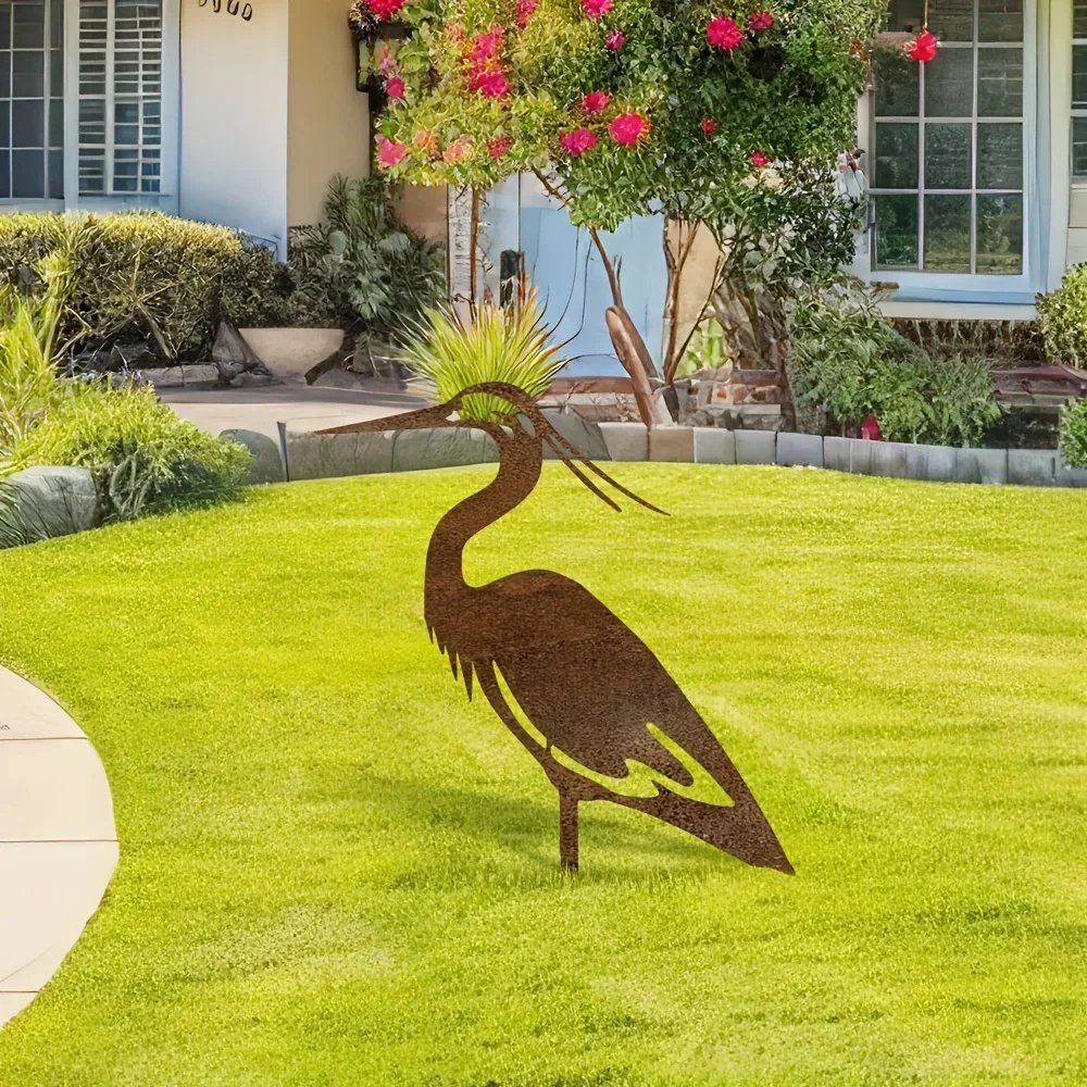 Rusty Metal Crane Garden Statue, Contemporary Freestanding Heron Sculpture, Weatherproof Outdoor Lawn Art