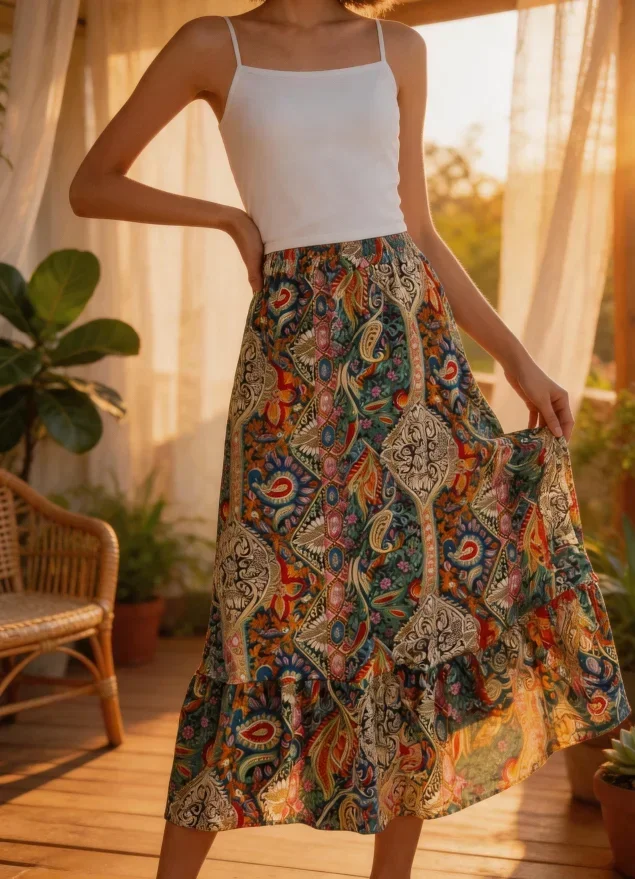 Europäischer Plus-Size Damenrock mit Ethno-Paisley-Print, dehnbarer elastischer Bund, Rüschensaum, Bohemian-Stil, langer Freizeitrock – Detail 7