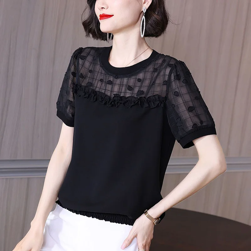 Elegante O-pescoço emendado Loose Shirring Ruffles Blusa Roupas Femininas 2023 Verão New Casual Pullovers Office Lady Chiffon Shirt