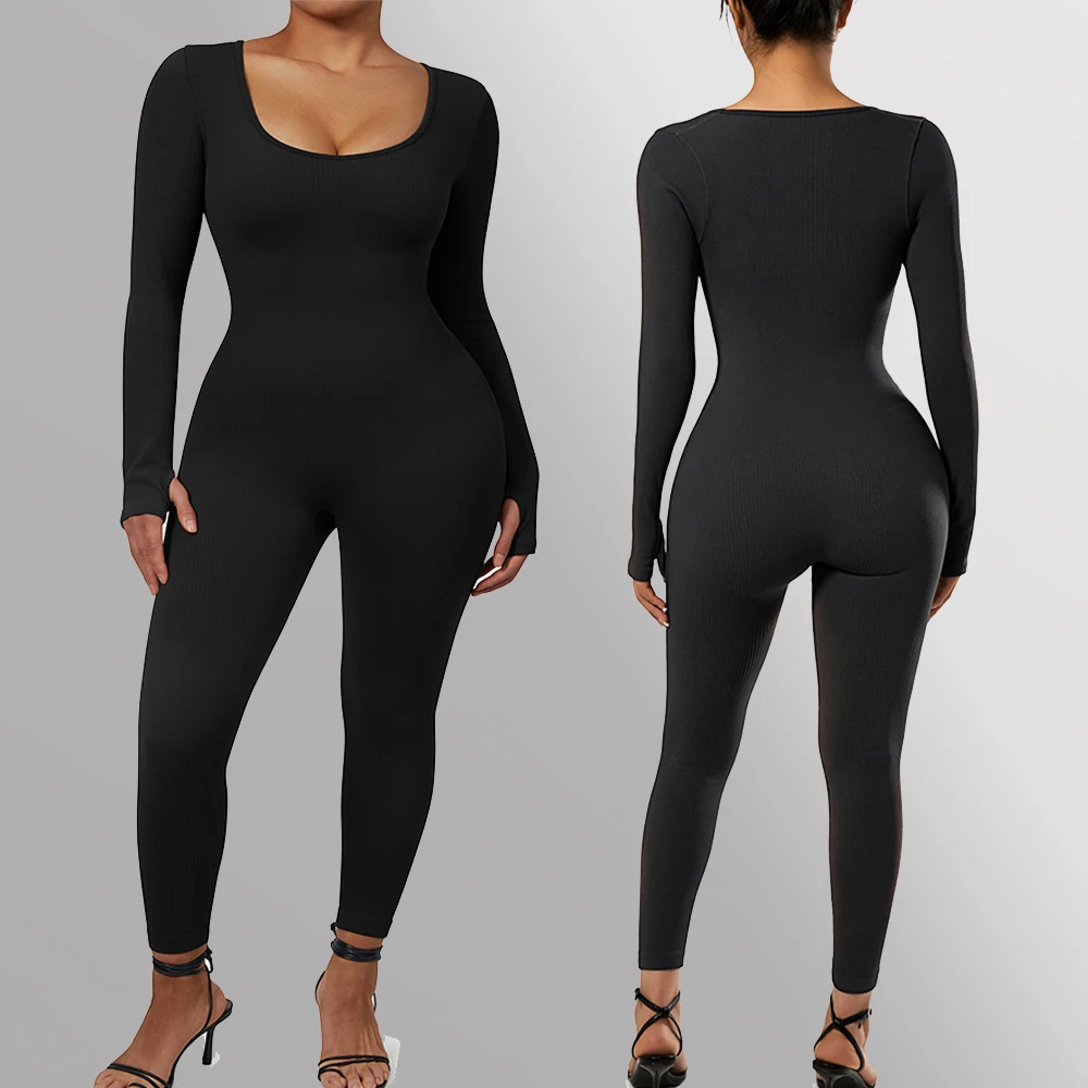 Bodycon Jumpsuit Women One-piece Outfit Long Sleeve Square Neck Playsuits Bodysuit Rompers Overalls Streetwear Jumpsuit Women