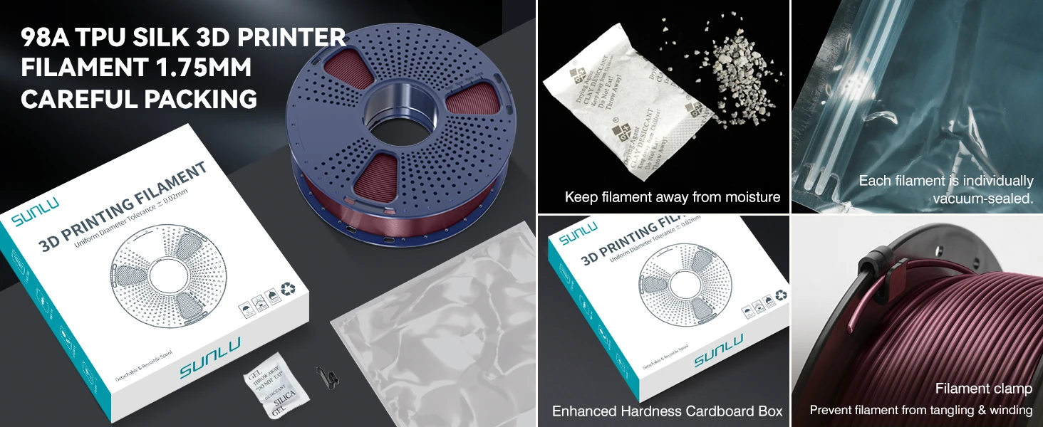 SUNLU 2 kg TPU-Seidenfilament, 1,75 mm, 1 kg Spule, flexibles, glänzendes Seidenfilament mit glatter Oberfläche für FDM-3D-Drucker, 98 A TPU-SEIDE – Detail 12