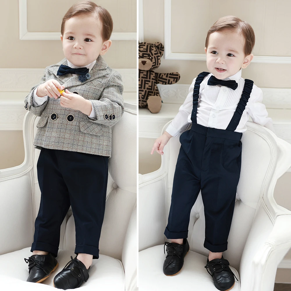 High Quality Boys Suit 3 Piece (Jacket Pants With Straps ) Bowtie Wedding Tuxedo Kids Formal Party 9M-4 Years Custom Blazer