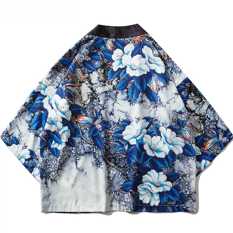 بلوزة كيمونو زرقاء على شكل زهور سترة كبيرة مقاس كبير فضفاضة للنساء والرجال أردية هاراجوكو اليابانية