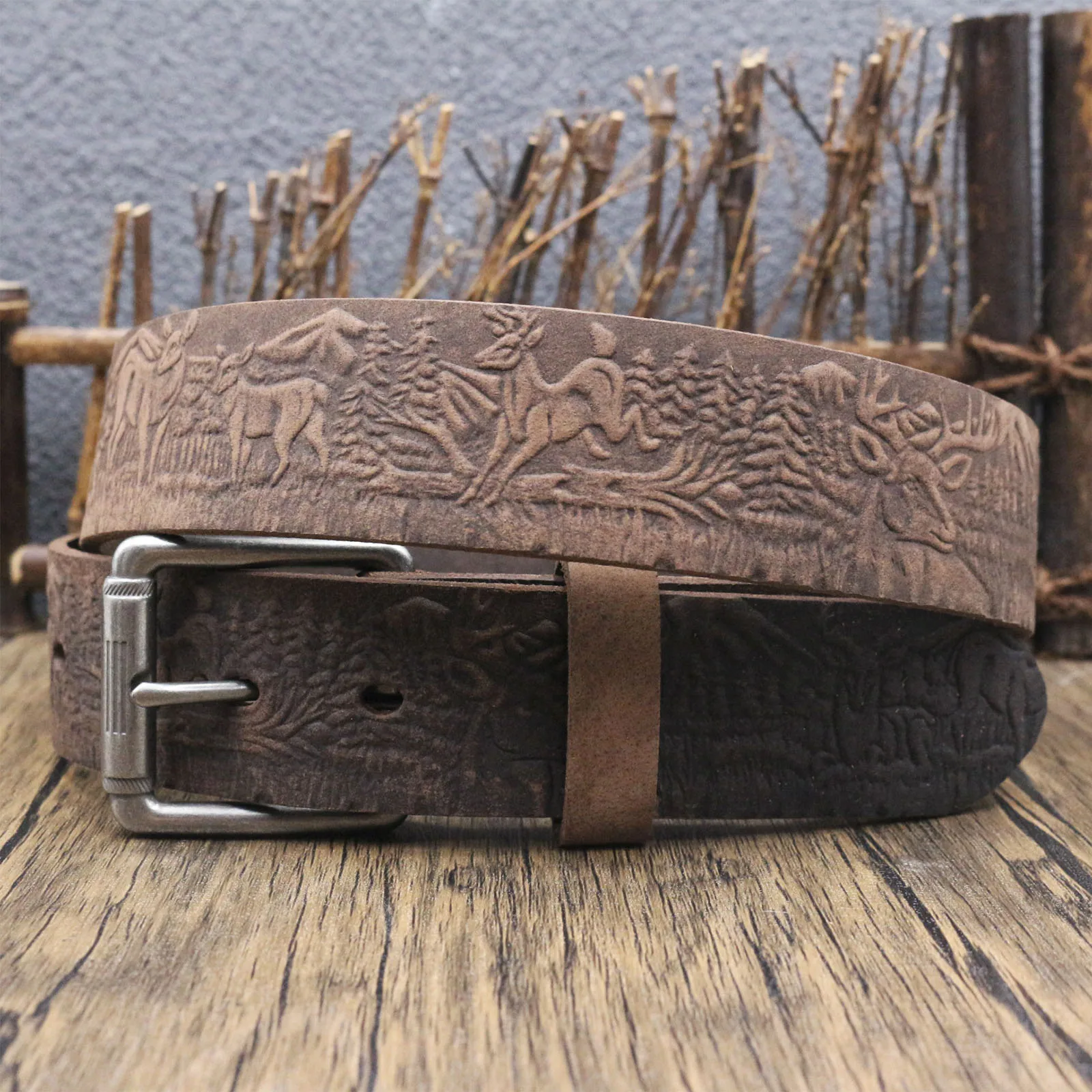 Men's Full Grain Cowhide Leather Belt, Elk Deer Forest Wildlife Embossed Tooled Belt, Vintage Outdoor Hunting Jeans Waist Belt