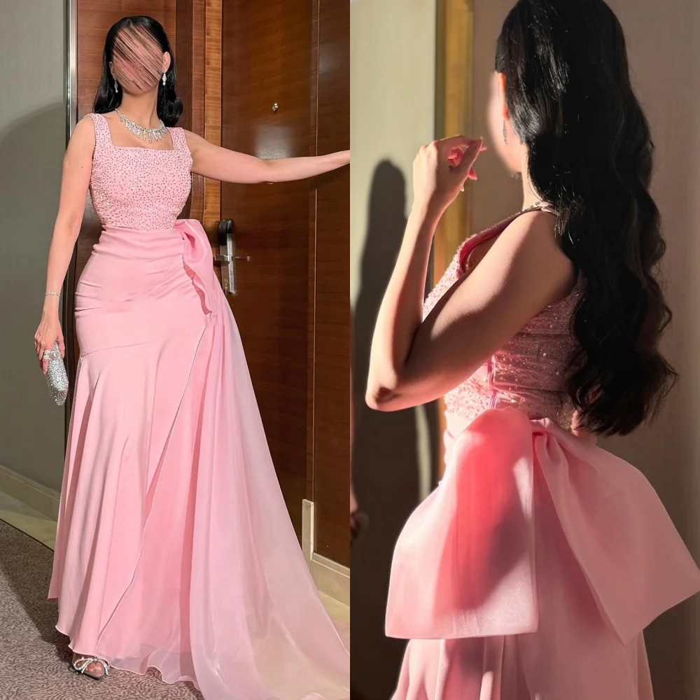 

Customized High Quality Exquisite Jersey Beading Bow Mermaid Spaghetti strap Long Dresses Bespoke Occasion Dresses Modern Style