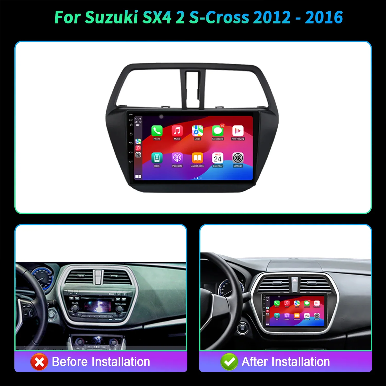 For Suzuki SX4 2 S-Cross 2012-2016 Car Radio Multimedia Android 14 Wireless BT CarPlay Navigation 7862S 8G 256G 2K QLED Screen