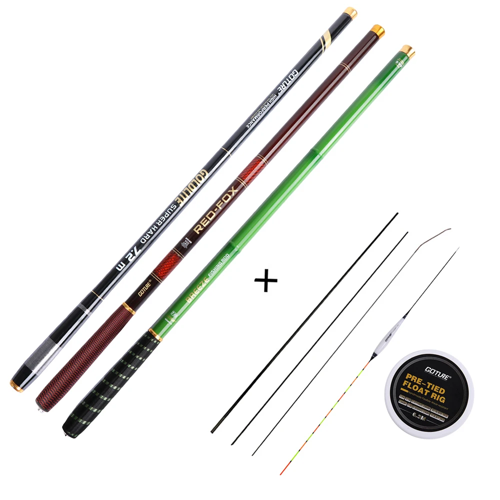 GOTURE Telescopic Stream Rod Set with Spare Tips,With Floats Rig Set 3.0M/3.6M/4.5M/5.4M/6.3M/7.2M Carbon Fiber Hand Rod Carp