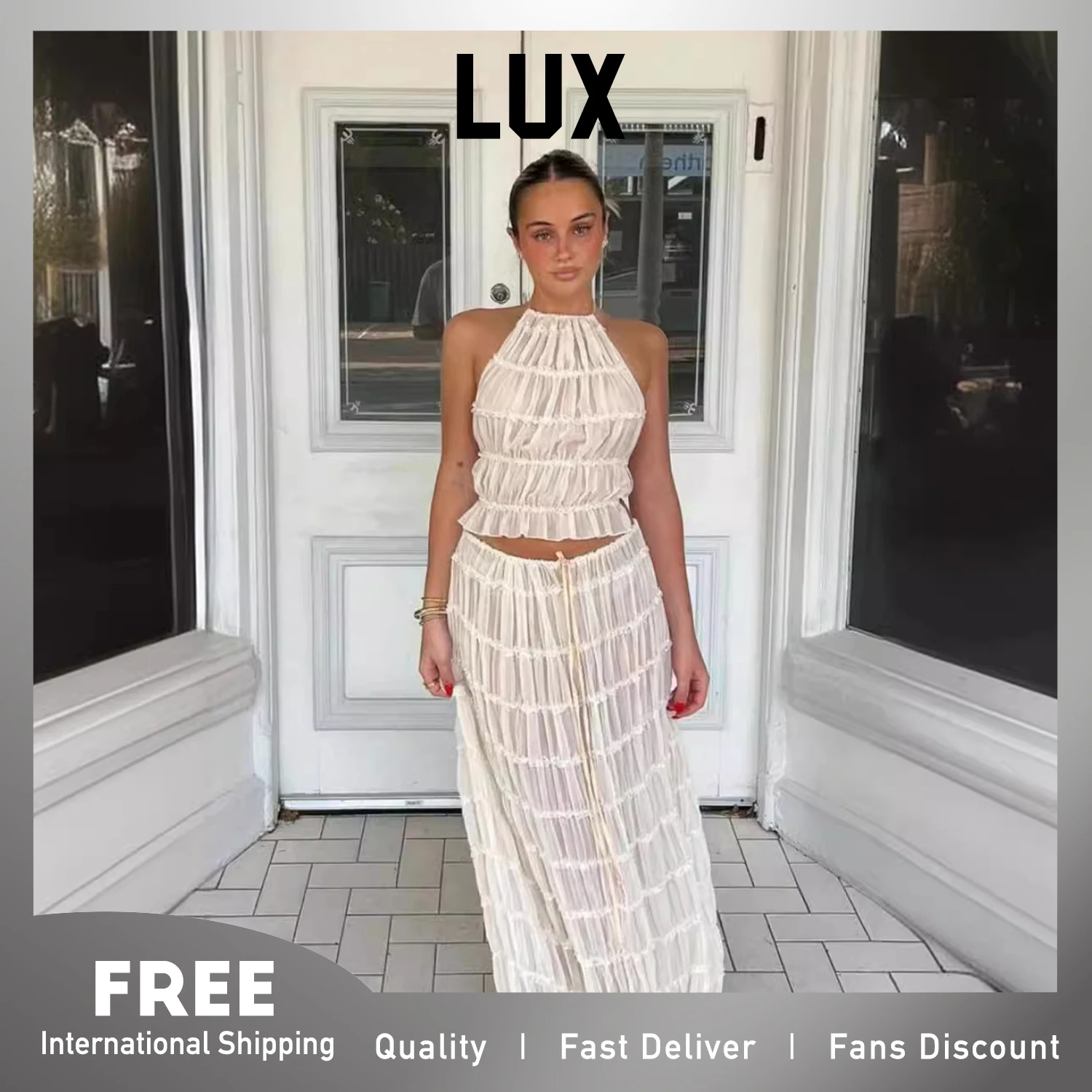 

Lux Summer Trendy Trendy Sexy Dress Suit for Women Sleeve-less Top and Long Dress Bottom 2 Pcs Lace Set Female