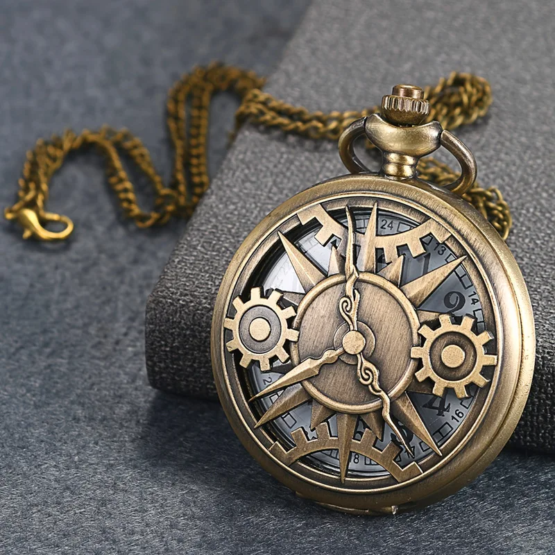 Retro Pocket Watch Hollow Gearwheel Vintage Exquisite Bronze Quartz Watches With Necklace Chain Best Souvenir Gift Clock Relojes