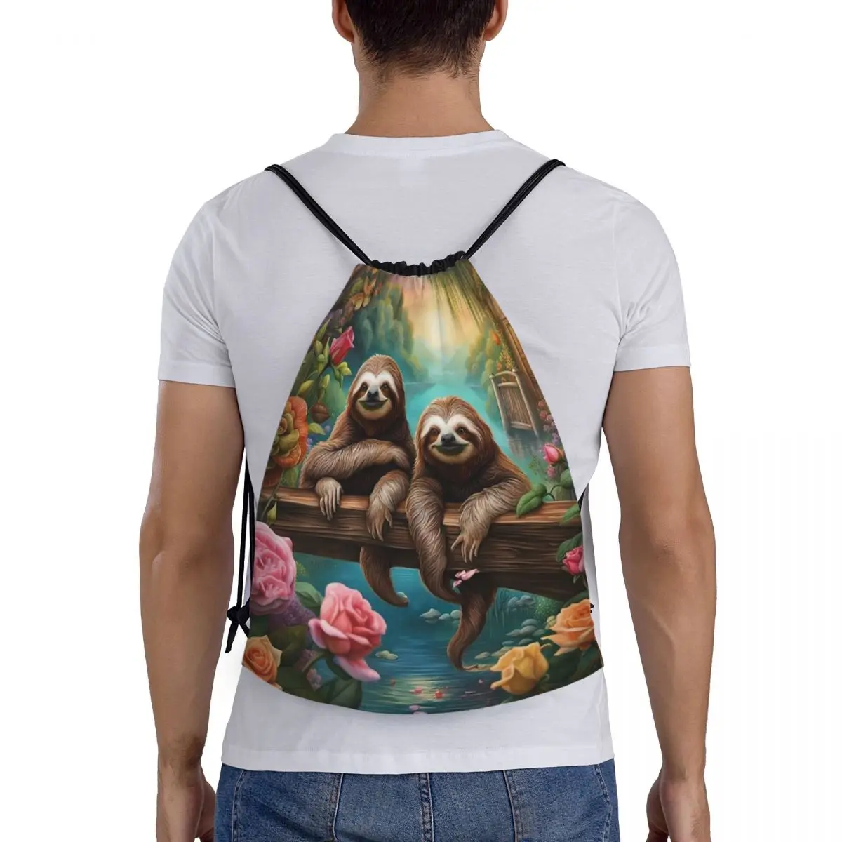

Lovely Sloth Print Backpacks Multi-function Portable Drawstring Bags Shoes Bag Book Bags For Man Woman Students