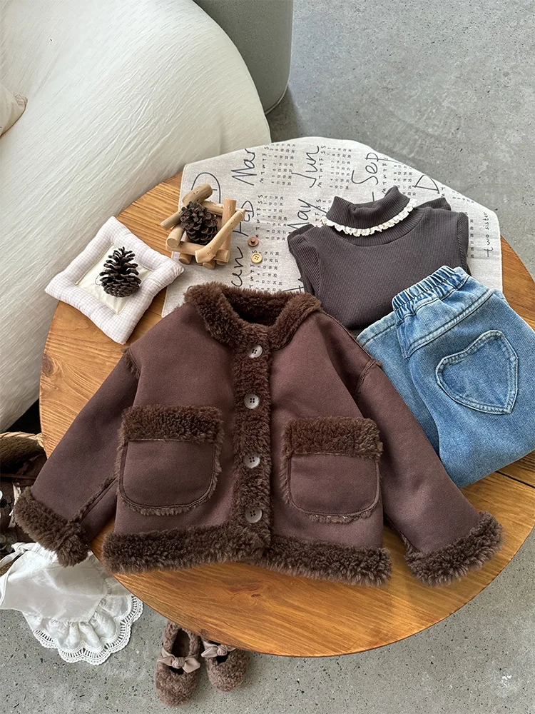 2024 Winter New Children Warm Shearling Coat Plus Velvet Thick Girls Fleece Zipper Coat Solid Baby Padded Jacket Kids Clothes