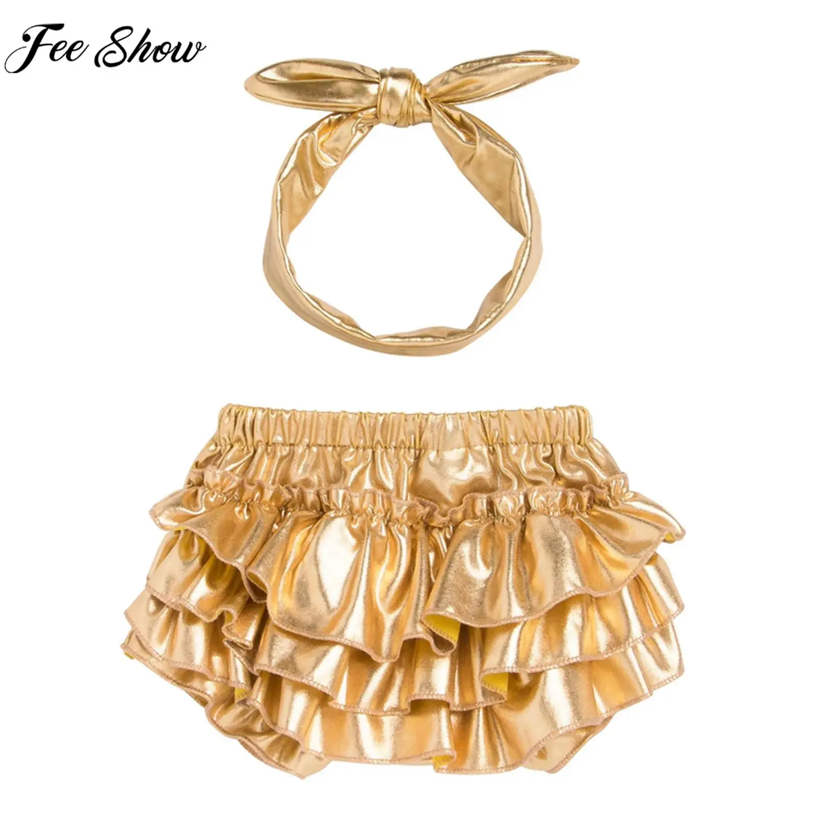 

Милые милые многоярусные шаровары с оборками для маленьких девочек, блестящие металлические шаровары, шорты с повязкой на голову, чехол для подгузника для фотографии на день рождения
