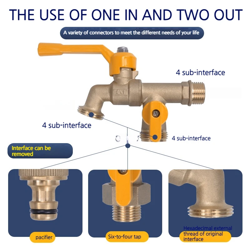 Torneira de água de jardim ao ar livre de latão TMOK 1 entrada 2 saída cor de latão natural anticongelante bibcock com conector de mangueira
